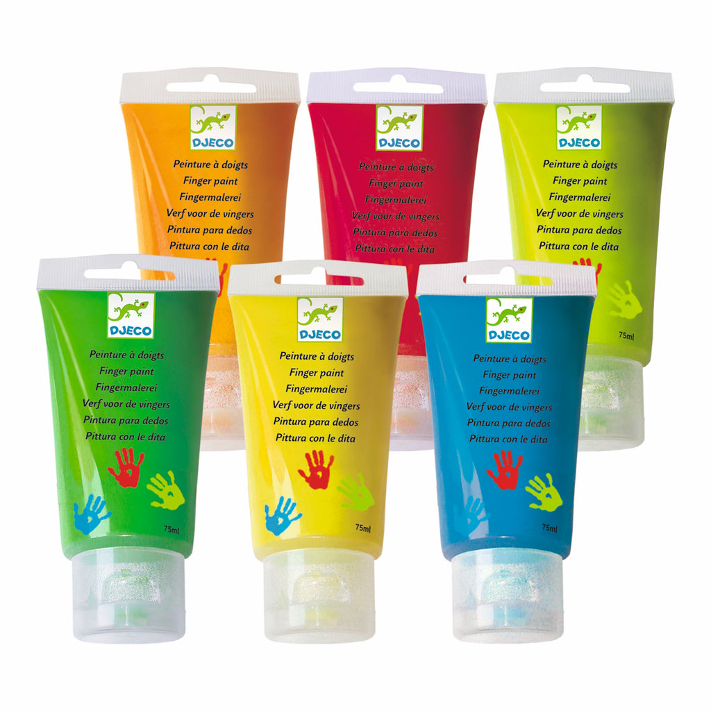 A set featuring six vibrant, washable paints in easy-squeeze tubes, perfect for young children to explore art with their hands.