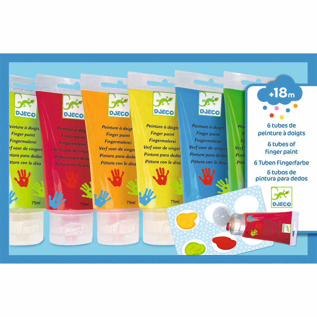 A set featuring six vibrant, washable paints in easy-squeeze tubes, perfect for young children to explore art with their hands.