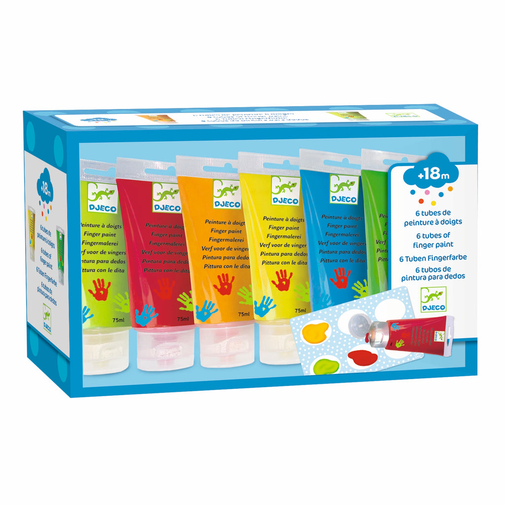 A set featuring six vibrant, washable paints in easy-squeeze tubes, perfect for young children to explore art with their hands.