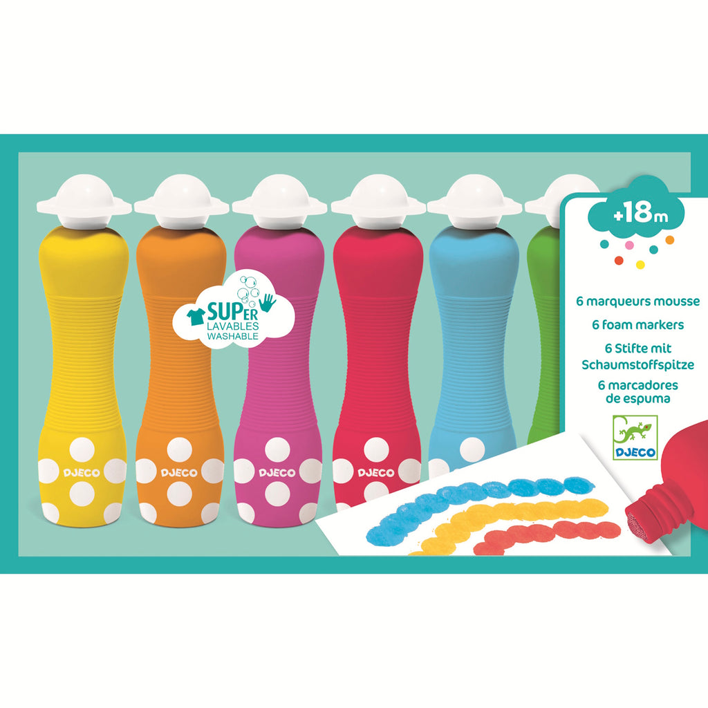 A set featuring chunky markers with soft foam tips, designed for little hands to create bold dots and shapes in vibrant colours.