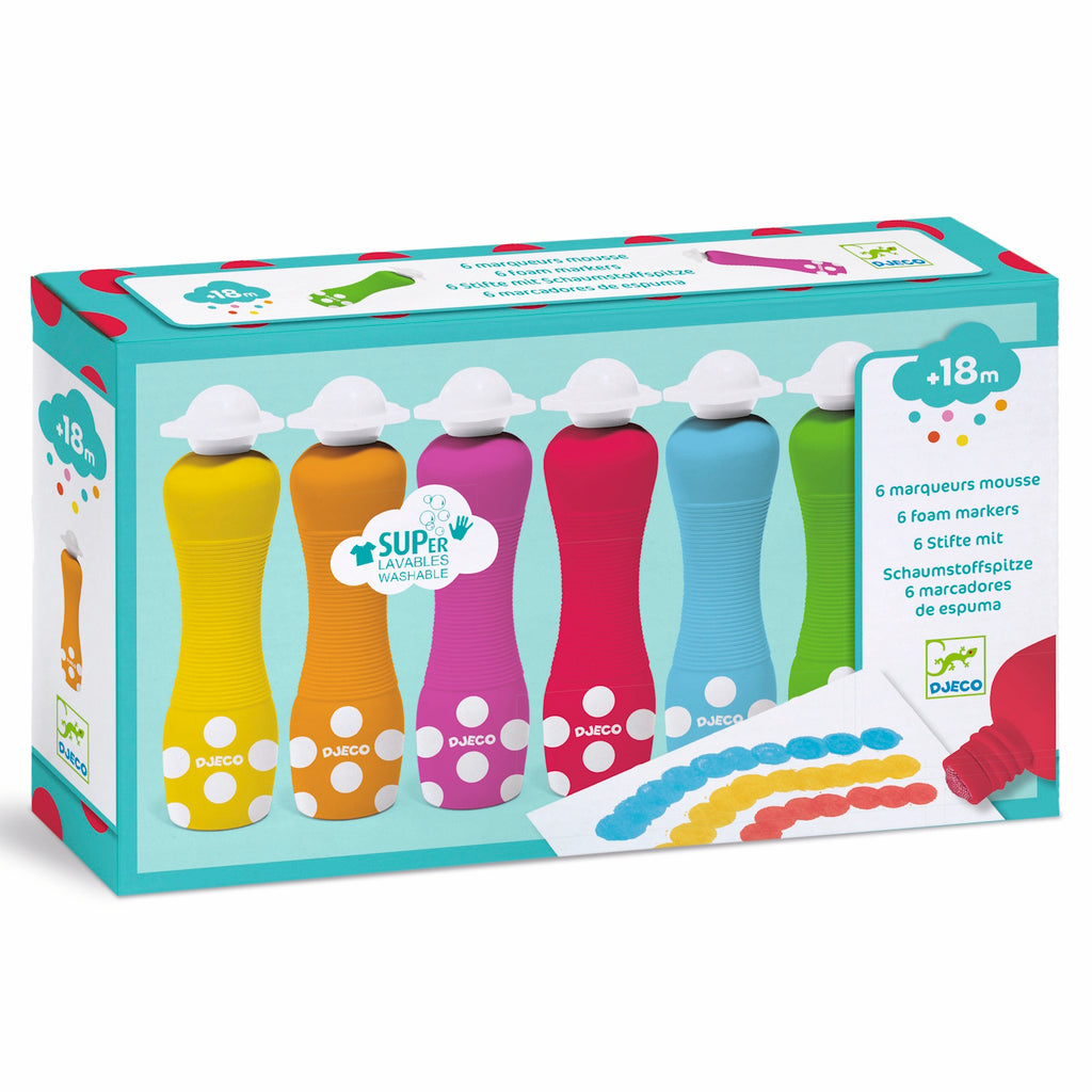 A set featuring chunky markers with soft foam tips, designed for little hands to create bold dots and shapes in vibrant colours.