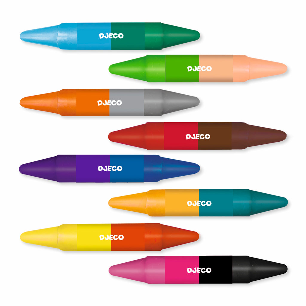 Eight colorful double-ended crayons in a row, each featuring a blend of vibrant hues and marked with the "Djeco" logo, showcasing creativity and fun.