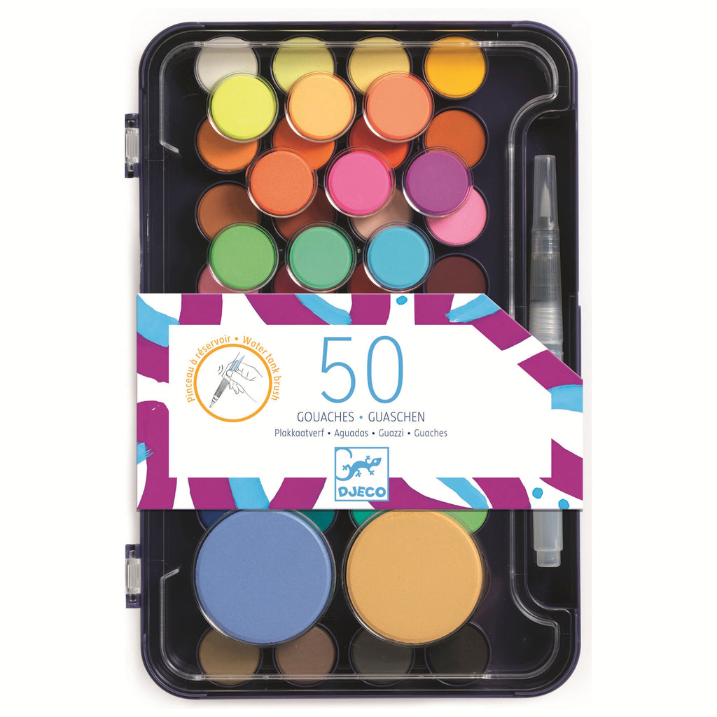 A colorful watercolor paint set featuring 50 vibrant gouaches, arranged in a portable case with a water brush.