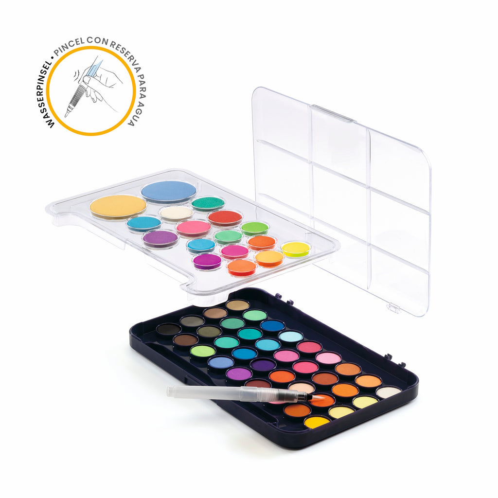 A colorful watercolor paint set featuring 50 vibrant gouaches, arranged in a portable case with a water brush.