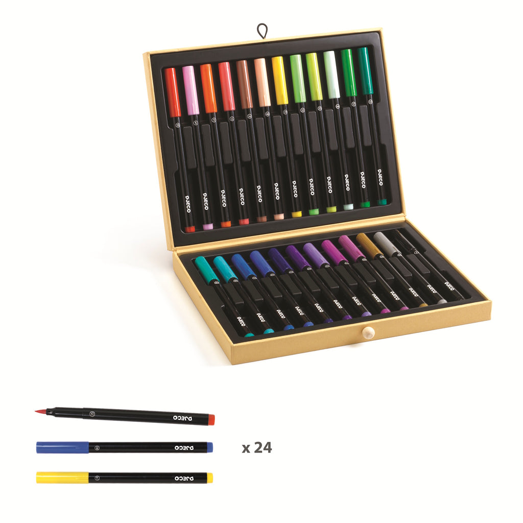 A set featuring chunky, easy-grip brush pens in vibrant colors, designed for young children learning to draw and paint.