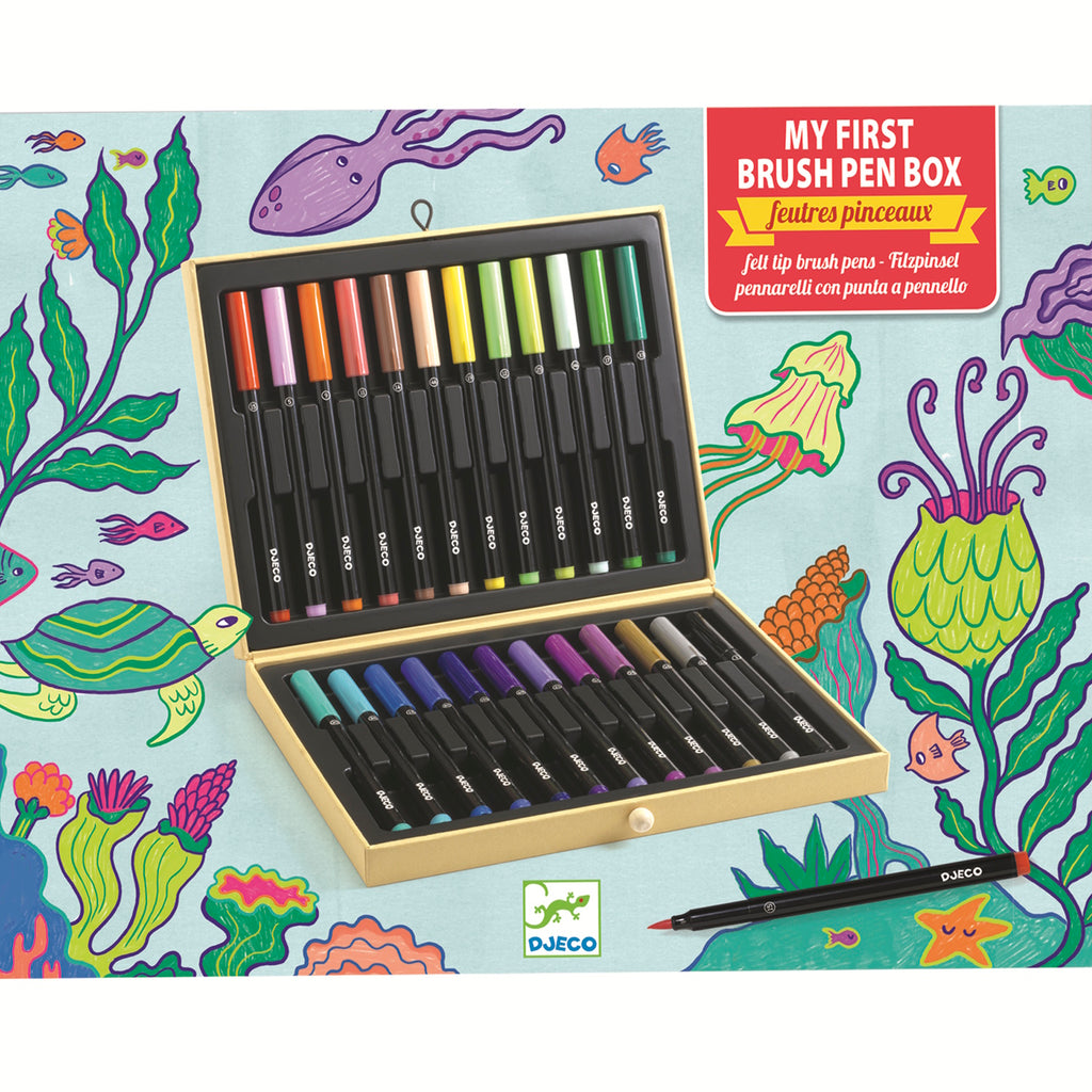 A set featuring chunky, easy-grip brush pens in vibrant colors, designed for young children learning to draw and paint.