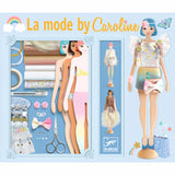 Three fashion dolls display stylish outfits: a white floral dress, a colorful top with a bow, and a chic metallic ensemble with a fur detail.