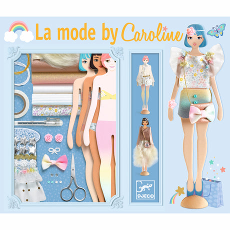 Three fashion dolls display stylish outfits: a white floral dress, a colorful top with a bow, and a chic metallic ensemble with a fur detail.