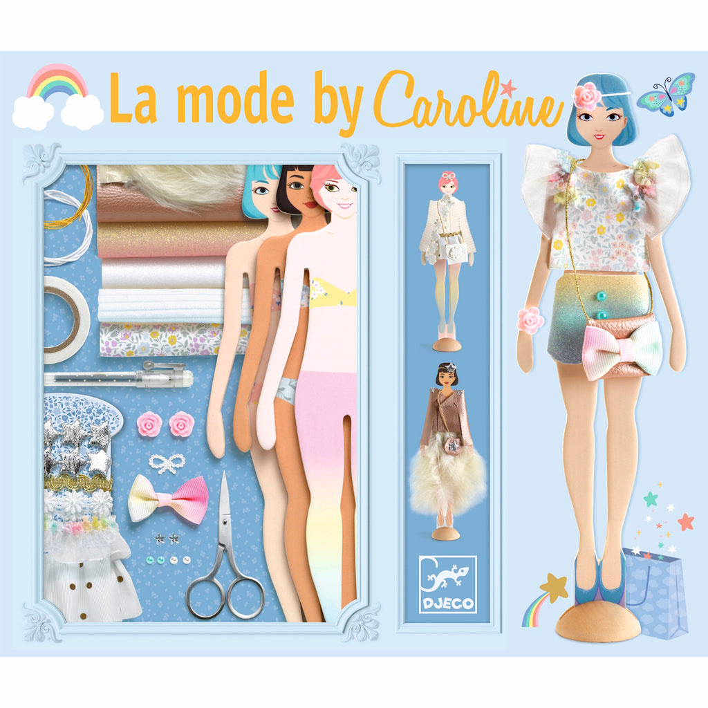 Three fashion dolls display stylish outfits: a white floral dress, a colorful top with a bow, and a chic metallic ensemble with a fur detail.