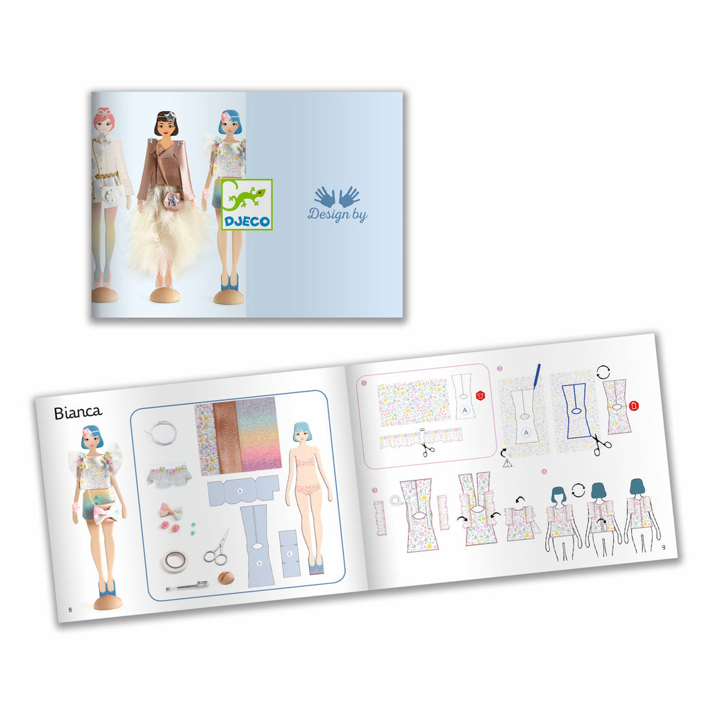 Three fashion dolls display stylish outfits: a white floral dress, a colorful top with a bow, and a chic metallic ensemble with a fur detail.
