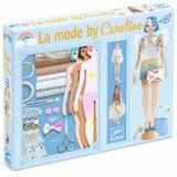Three fashion dolls display stylish outfits: a white floral dress, a colorful top with a bow, and a chic metallic ensemble with a fur detail.
