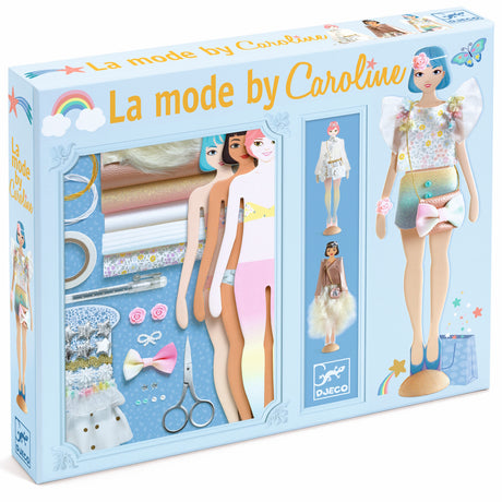 Three fashion dolls display stylish outfits: a white floral dress, a colorful top with a bow, and a chic metallic ensemble with a fur detail.