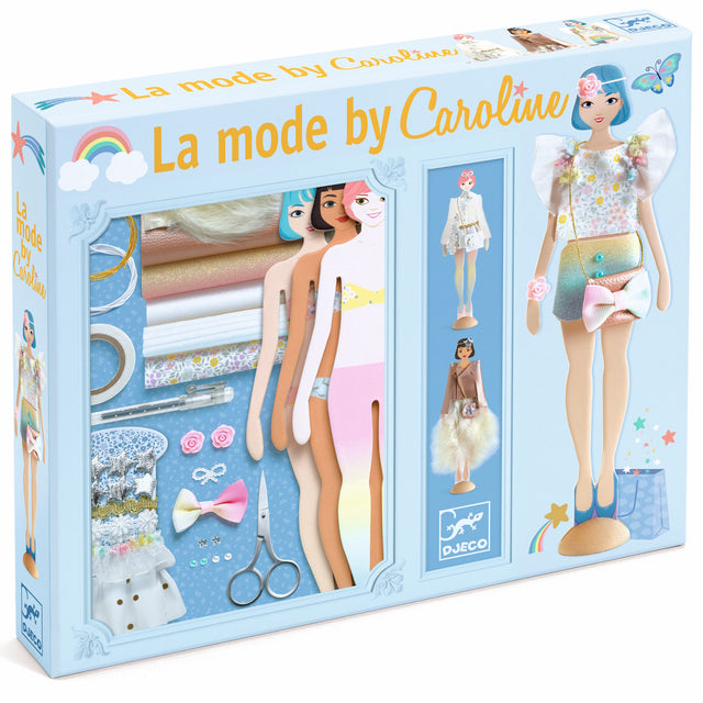 Three fashion dolls display stylish outfits: a white floral dress, a colorful top with a bow, and a chic metallic ensemble with a fur detail.