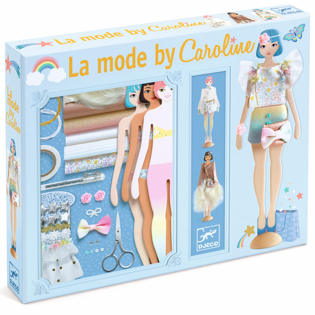 Three fashion dolls display stylish outfits: a white floral dress, a colorful top with a bow, and a chic metallic ensemble with a fur detail.