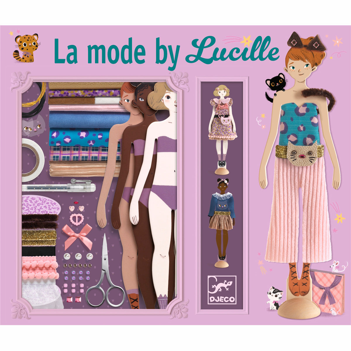 Three stylish dolls stand on wooden bases, each showcasing unique outfits with vibrant colors and playful accessories.