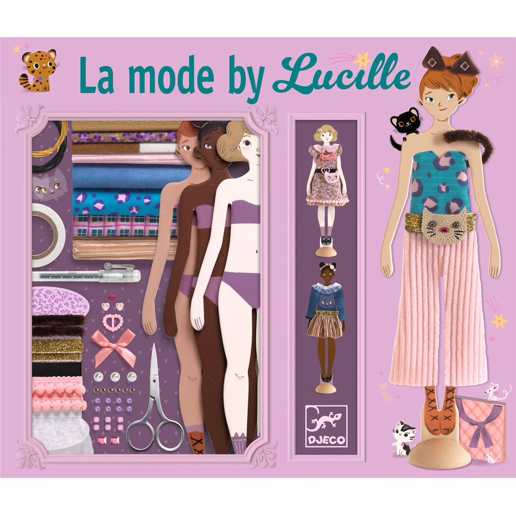 Three stylish dolls stand on wooden bases, each showcasing unique outfits with vibrant colors and playful accessories.