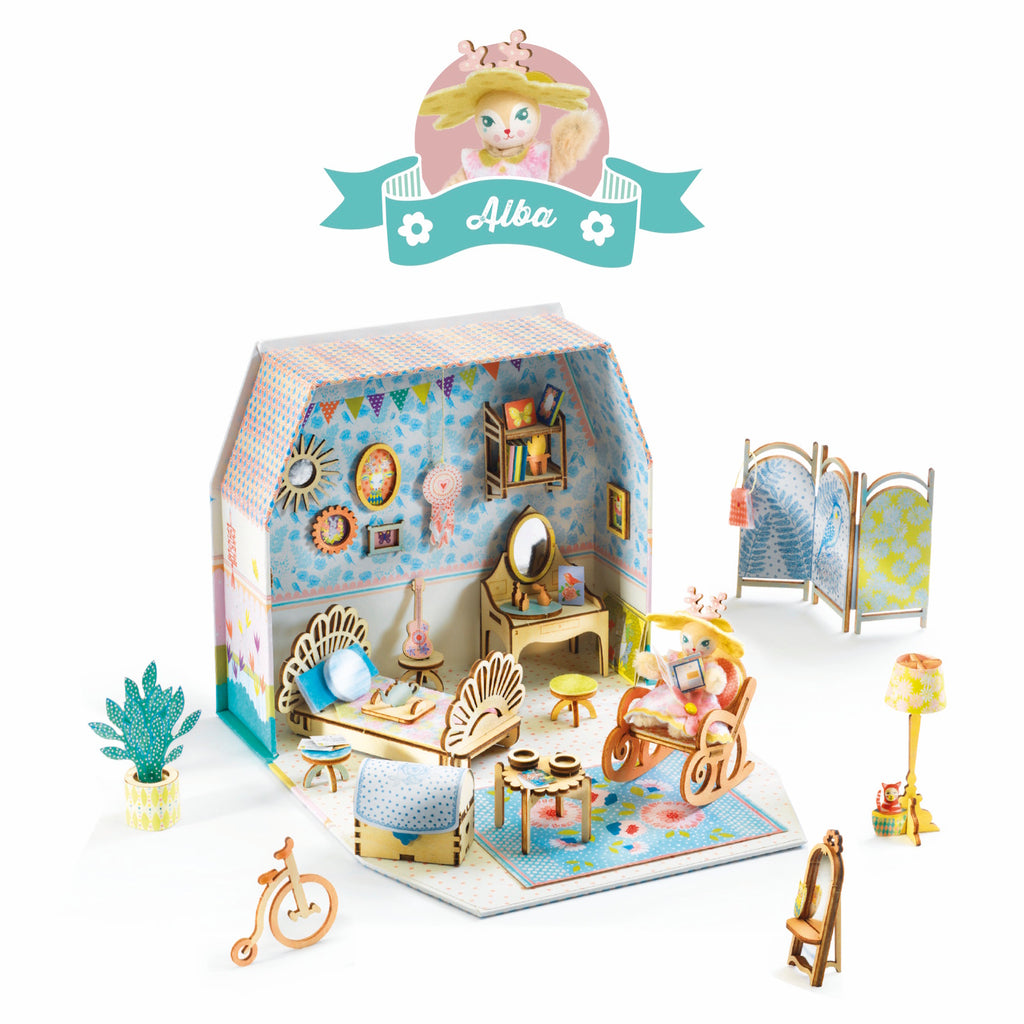 A DIY craft kit featuring a charming miniature house that children can decorate and assemble with detailed accessories for imaginative play.