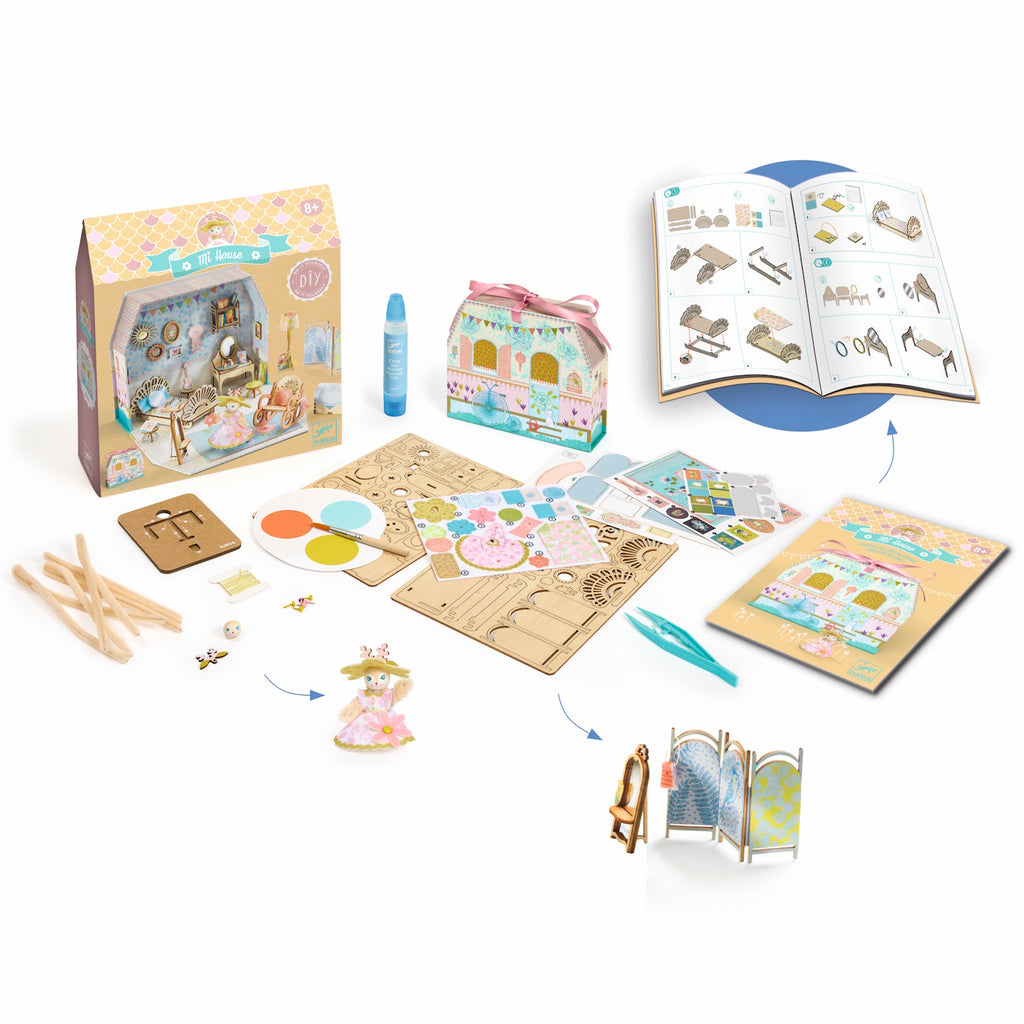 A DIY craft kit featuring a charming miniature house that children can decorate and assemble with detailed accessories for imaginative play.