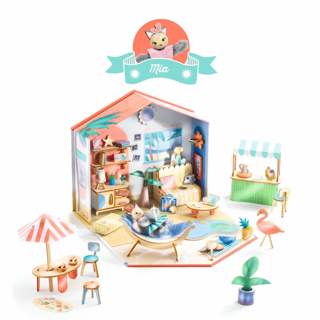 A DIY craft kit featuring a miniature house with furniture and accessories for kids to decorate and customize, sparking creativity and imaginative play.