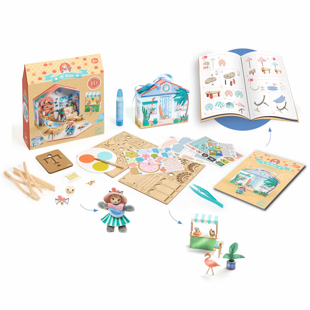 A DIY craft kit featuring a miniature house with furniture and accessories for kids to decorate and customize, sparking creativity and imaginative play.