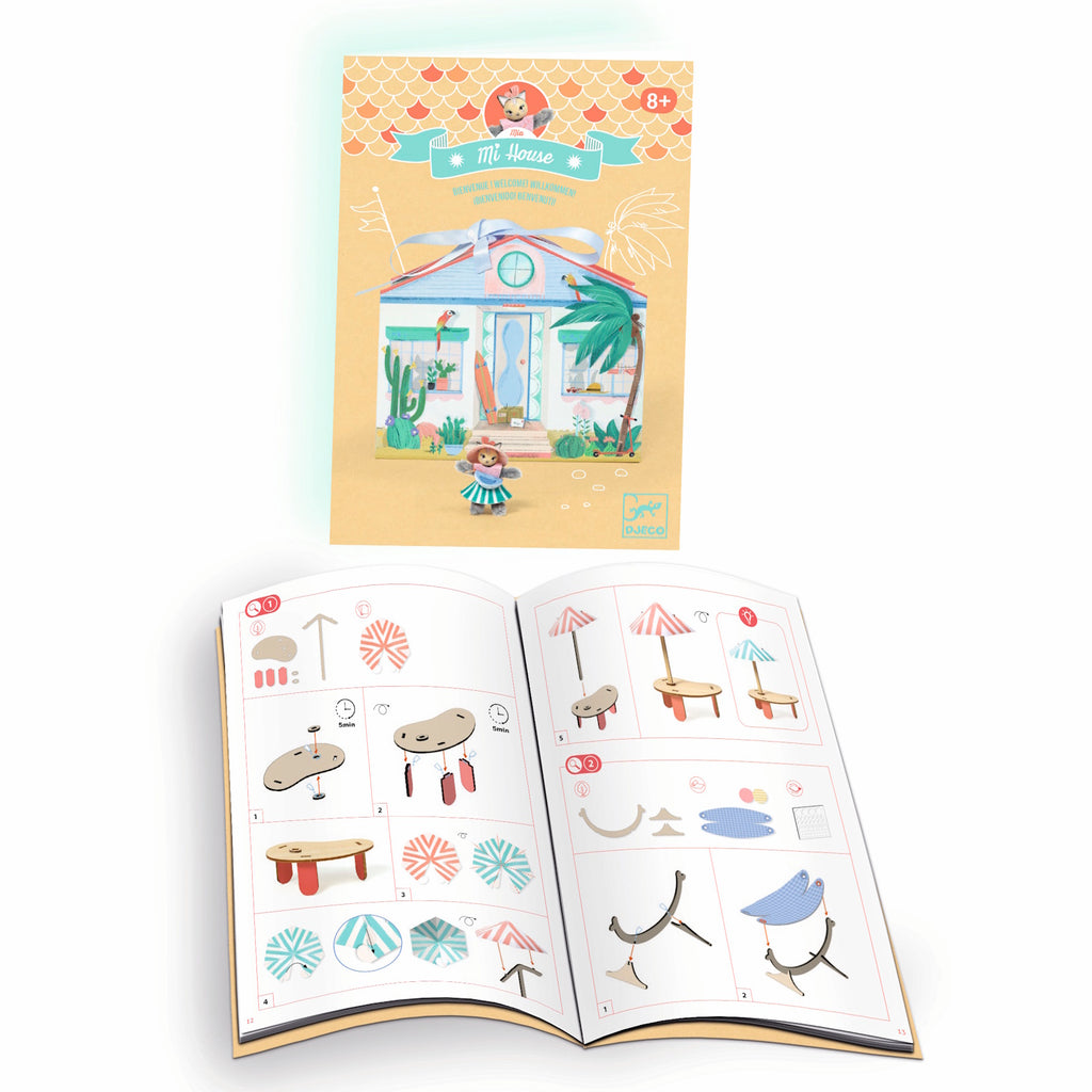 A DIY craft kit featuring a miniature house with furniture and accessories for kids to decorate and customize, sparking creativity and imaginative play.