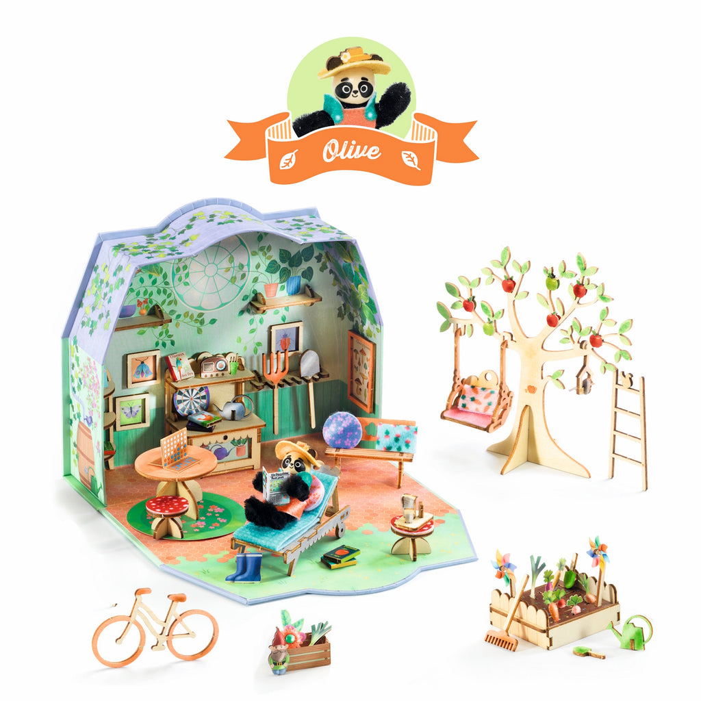 A DIY craft kit with a cute miniature house and furniture for kids to decorate and personalize, creating their own imaginative dollhouse.