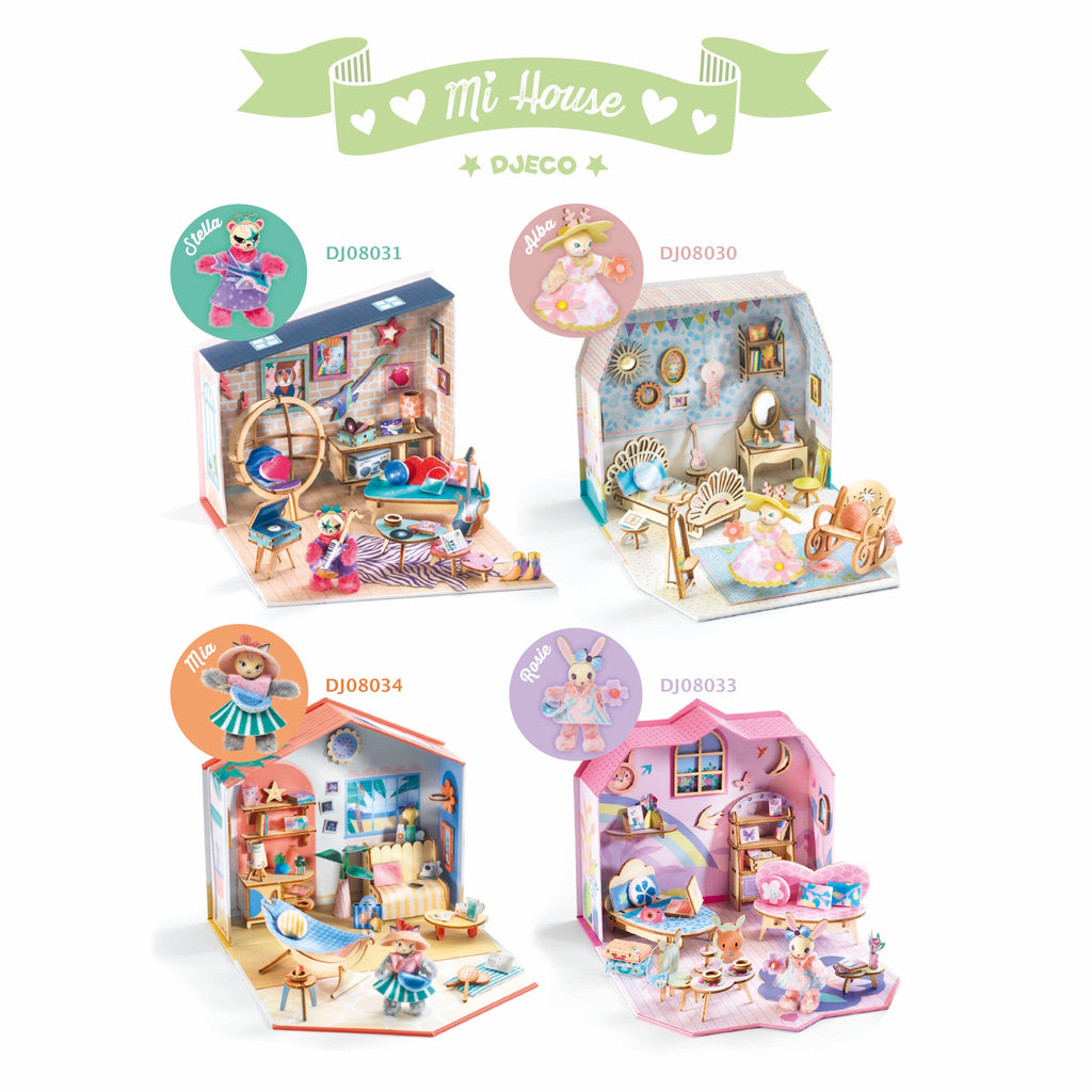 A DIY craft kit with a cute miniature house and furniture for kids to decorate and personalize, creating their own imaginative dollhouse.
