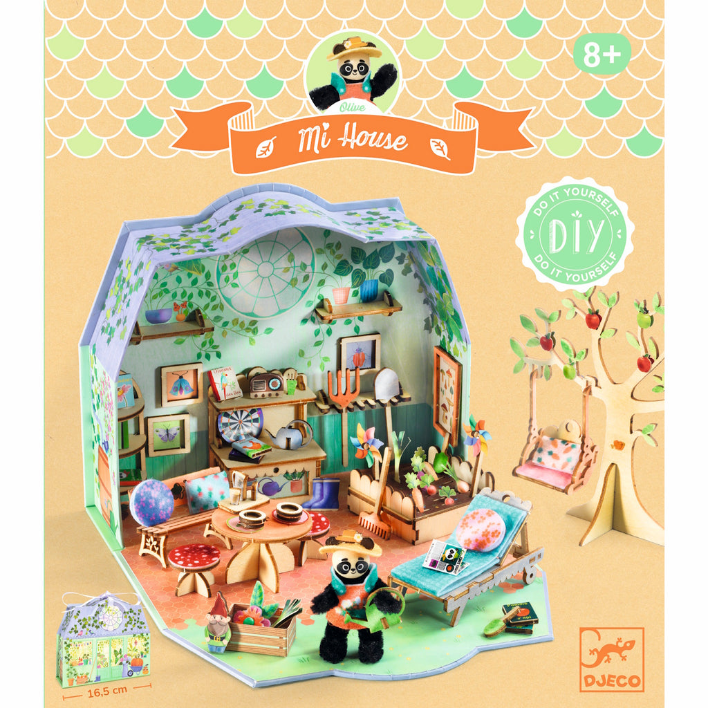 A DIY craft kit with a cute miniature house and furniture for kids to decorate and personalize, creating their own imaginative dollhouse.