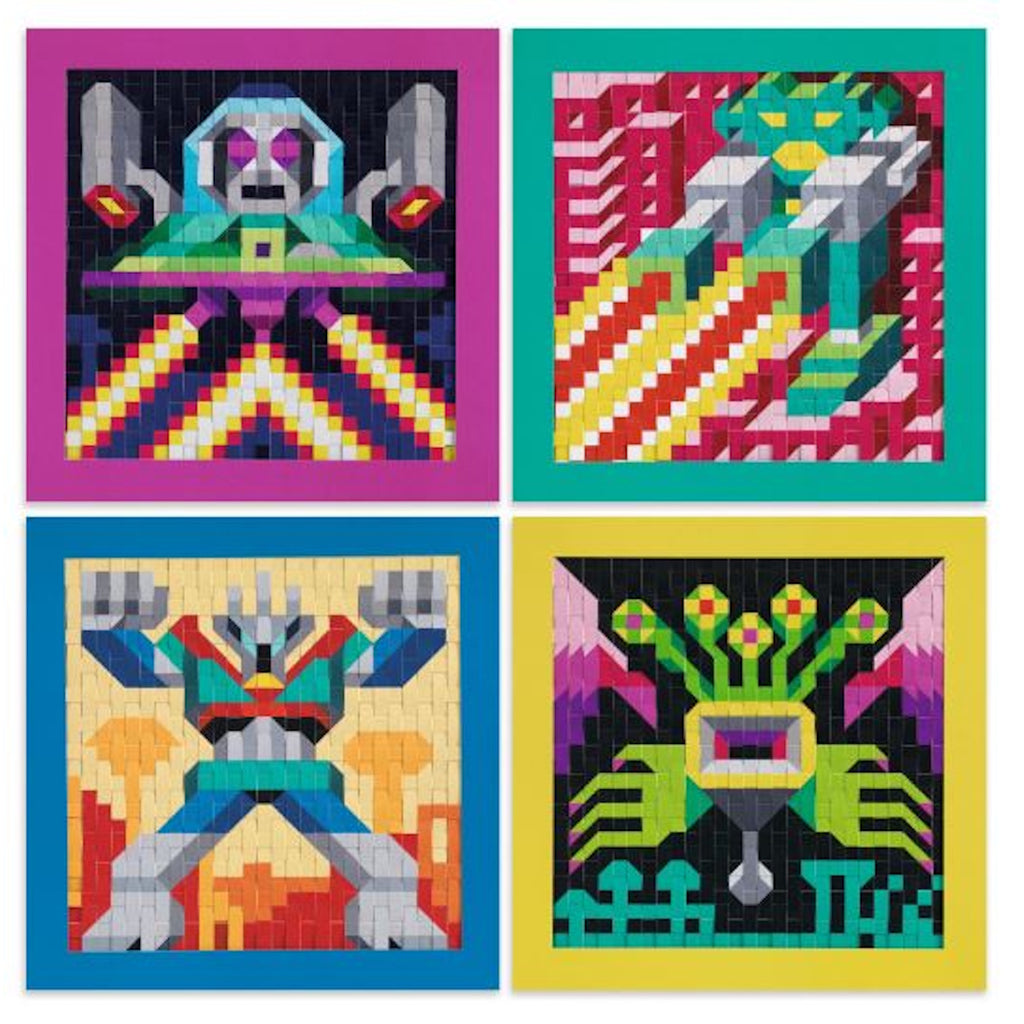 A set of four pixel art illustrations featuring colorful abstract robots and spaceships, each with vibrant geometric patterns, framed in bold colors.
