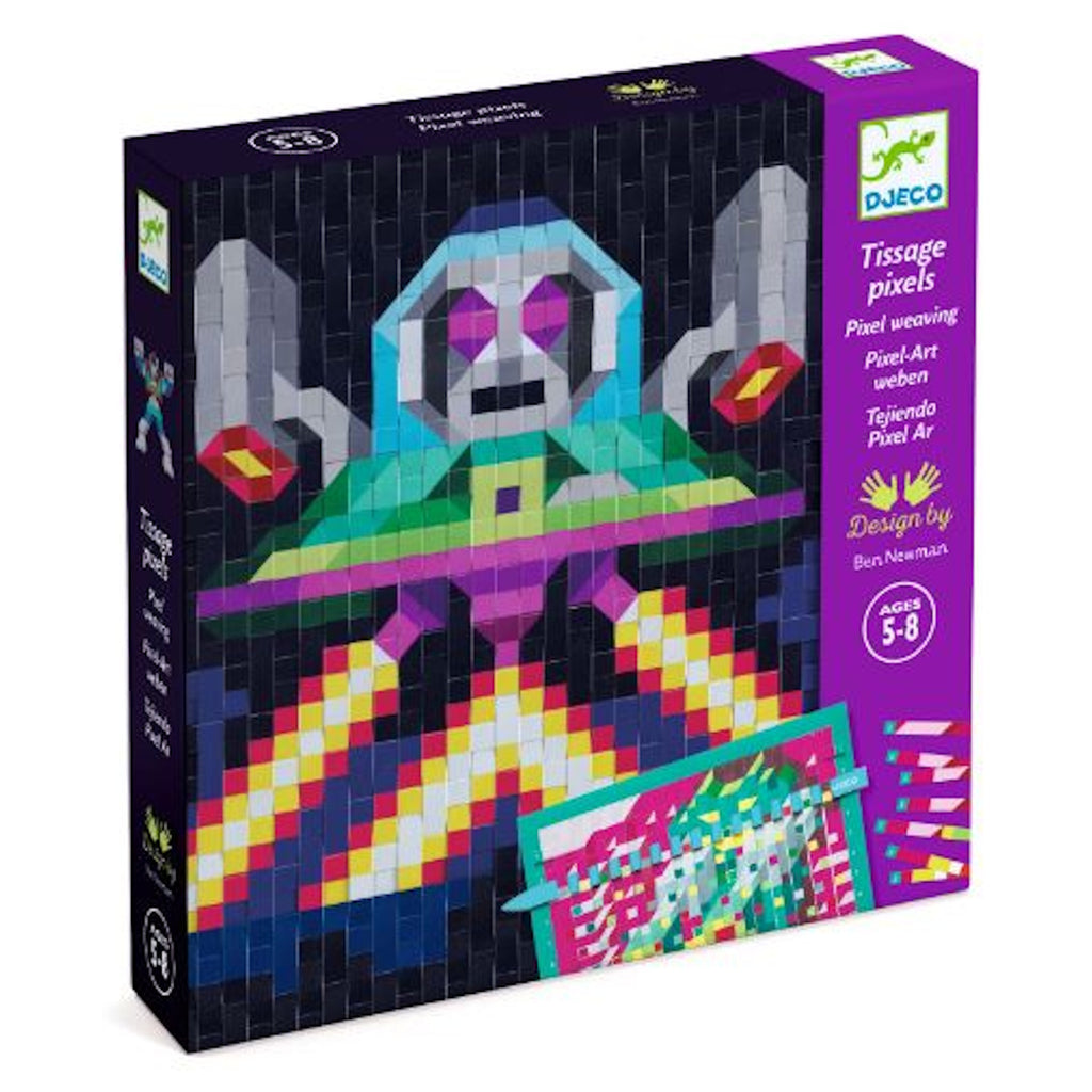 Box for a pixel art weaving kit by Djeco, featuring a colorful, pixel-style character with geometric shapes. Includes age range 5-8 on a purple background.