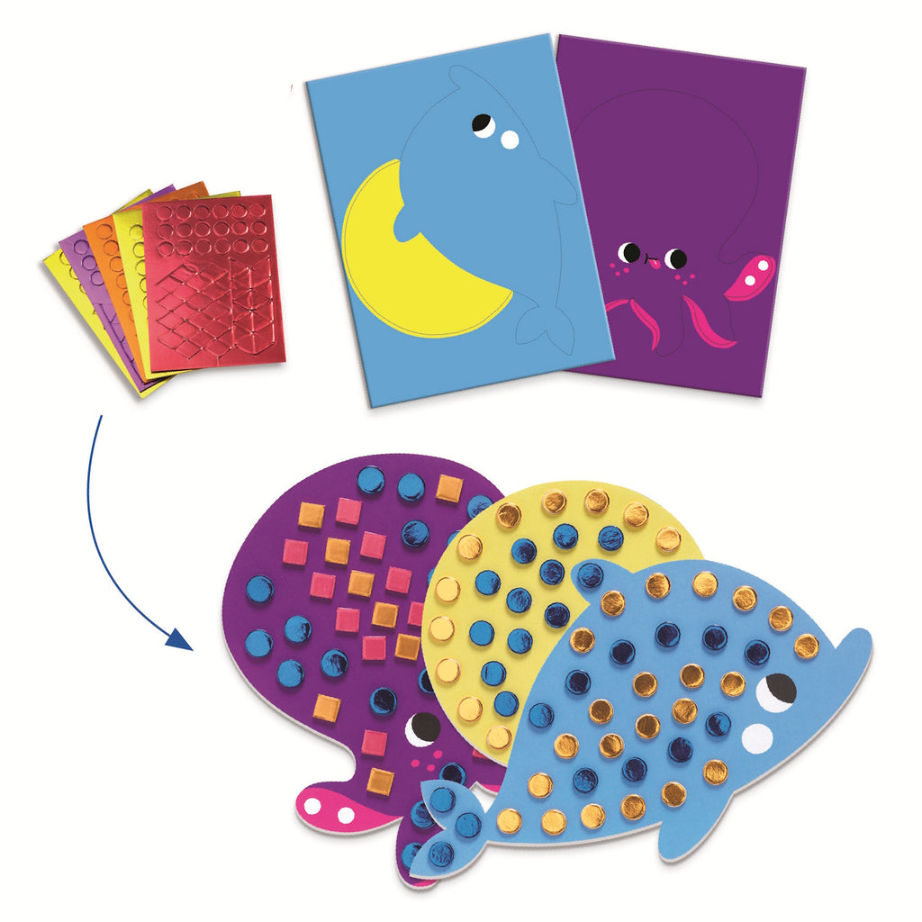 Colorful art supplies and ocean-themed crafts for kids, featuring fish, octopuses, and submarines, by Djeco, for ages 3-6.