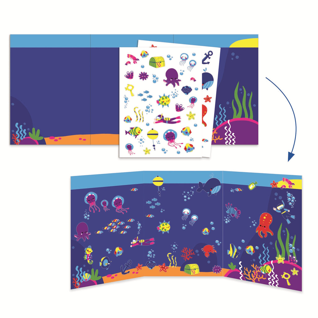 Colorful art supplies and ocean-themed crafts for kids, featuring fish, octopuses, and submarines, by Djeco, for ages 3-6.