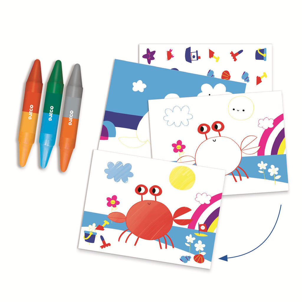 Colorful art supplies and ocean-themed crafts for kids, featuring fish, octopuses, and submarines, by Djeco, for ages 3-6.