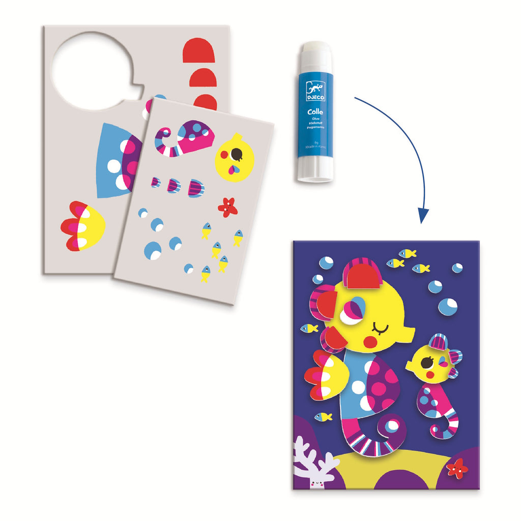 Colorful art supplies and ocean-themed crafts for kids, featuring fish, octopuses, and submarines, by Djeco, for ages 3-6.