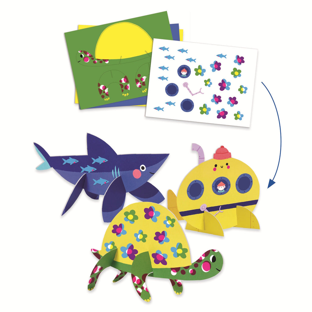 Colorful art supplies and ocean-themed crafts for kids, featuring fish, octopuses, and submarines, by Djeco, for ages 3-6.