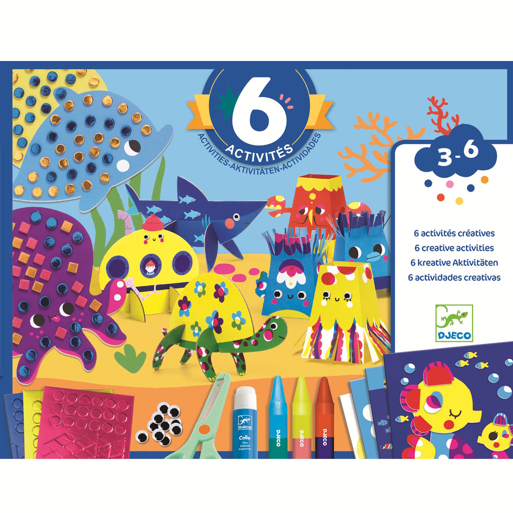 Colorful art supplies and ocean-themed crafts for kids, featuring fish, octopuses, and submarines, by Djeco, for ages 3-6.