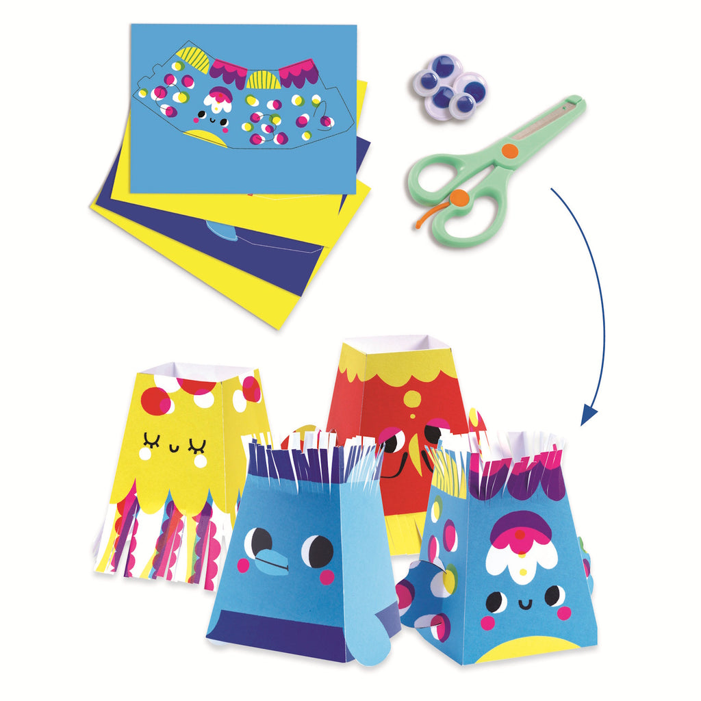 Colorful art supplies and ocean-themed crafts for kids, featuring fish, octopuses, and submarines, by Djeco, for ages 3-6.