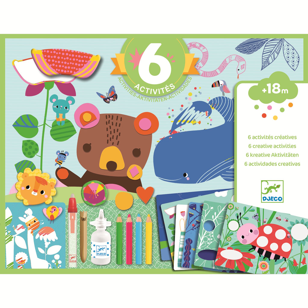 Colorful activity kit for toddlers featuring a bear and various creative supplies, including stickers, markers, and activity cards.