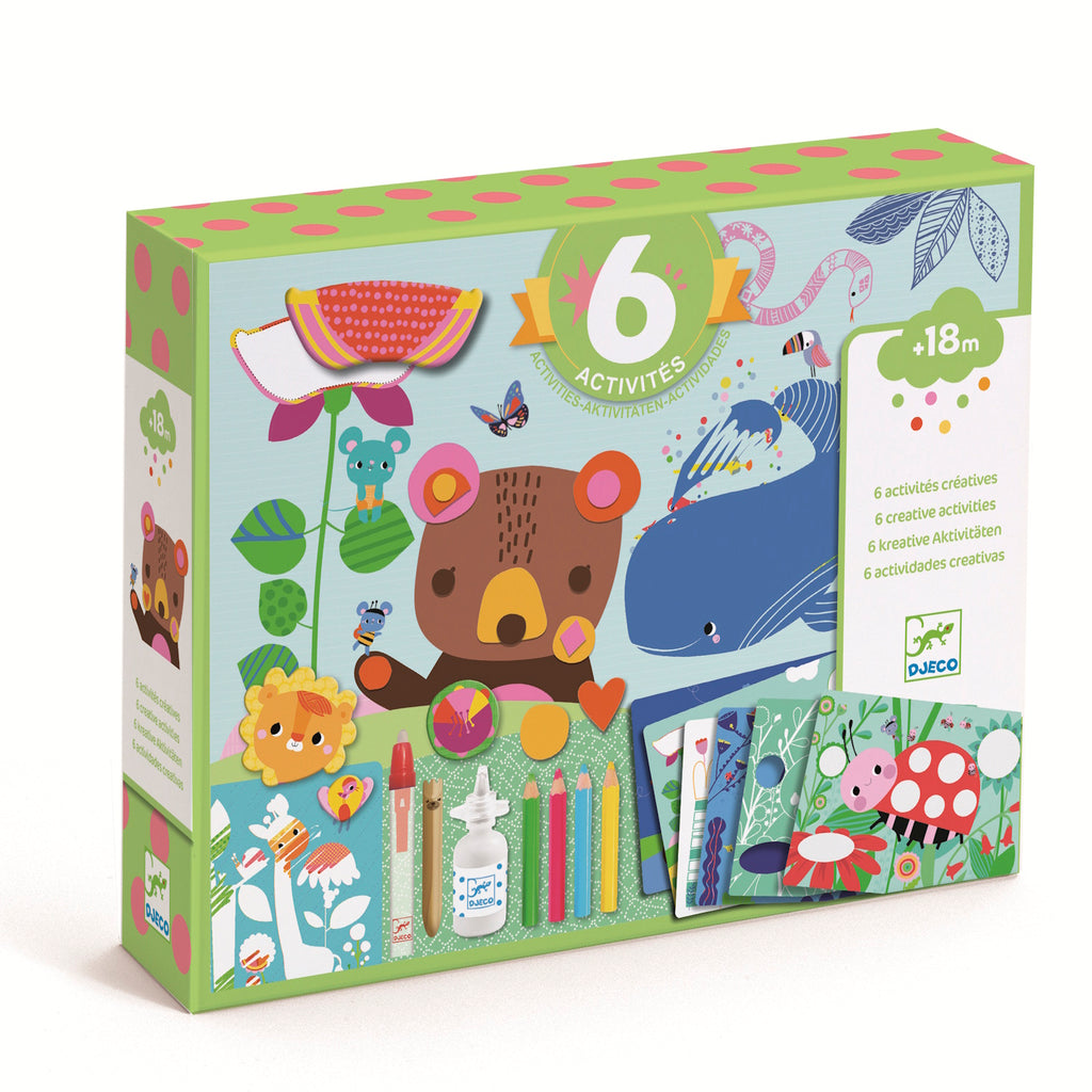 Colorful activity kit for toddlers featuring a bear and various creative supplies, including stickers, markers, and activity cards.