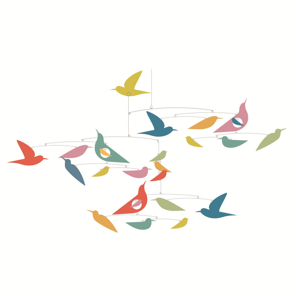 Colorful abstract bird mobile with various hues of pink, green, yellow, and blue birds. The arrangement is dynamic and playful, evoking a sense of motion.