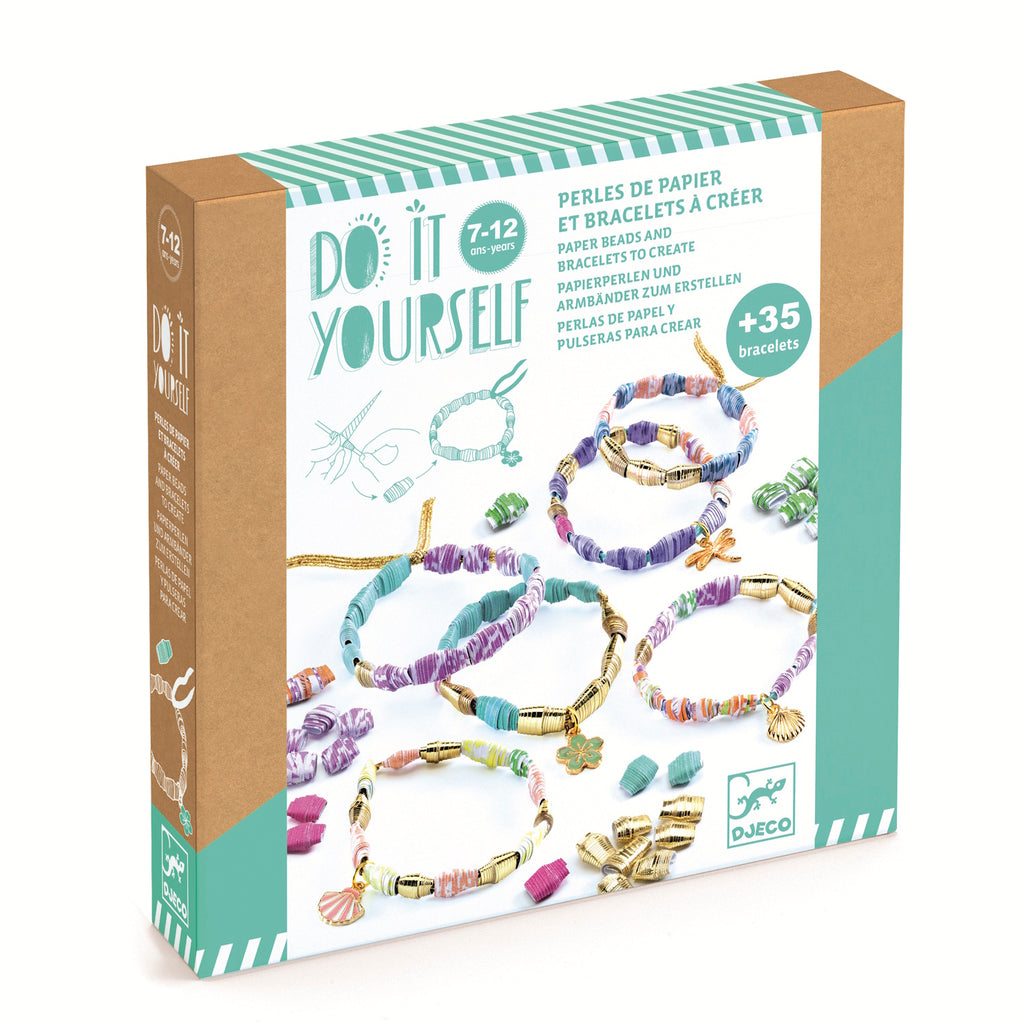 DIY bracelet kit packaging for ages 7-12, displaying colorful paper bead bracelets with gold accents and charms. The tone is creative and playful.
