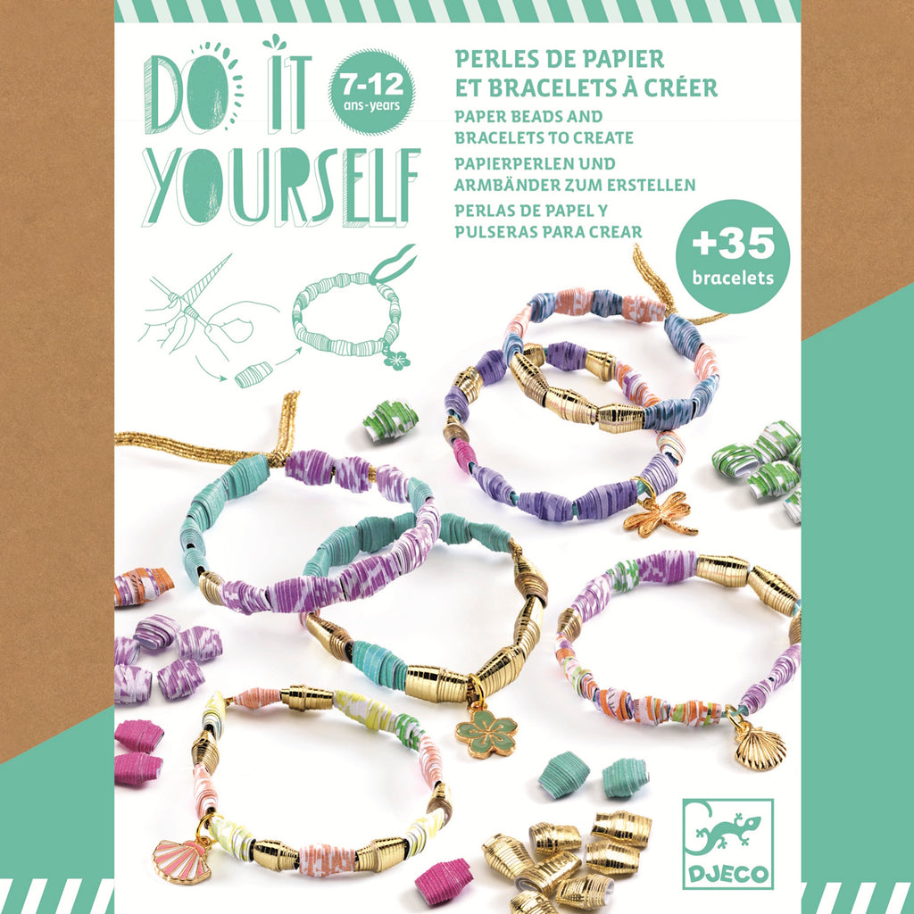 DIY bracelet kit packaging for ages 7-12, displaying colorful paper bead bracelets with gold accents and charms. The tone is creative and playful.