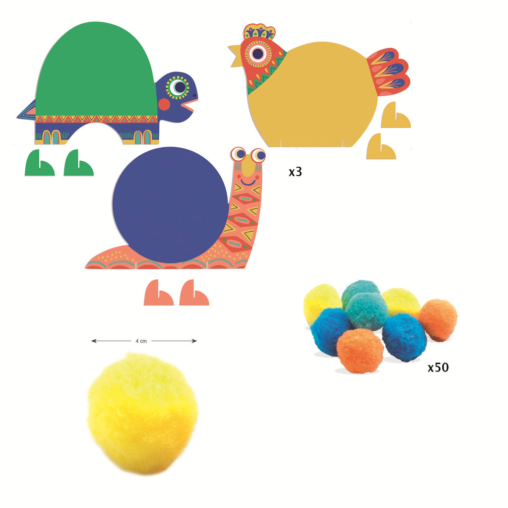 Colorful animal figures made of pom-poms: a snail, a turtle, and a bird, set against a white background.