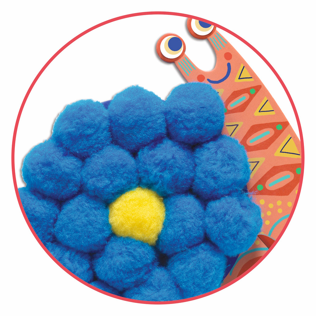 Colorful animal figures made of pom-poms: a snail, a turtle, and a bird, set against a white background.
