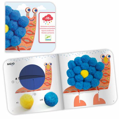 Colorful animal figures made of pom-poms: a snail, a turtle, and a bird, set against a white background.