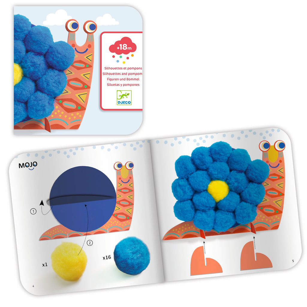 Colorful animal figures made of pom-poms: a snail, a turtle, and a bird, set against a white background.