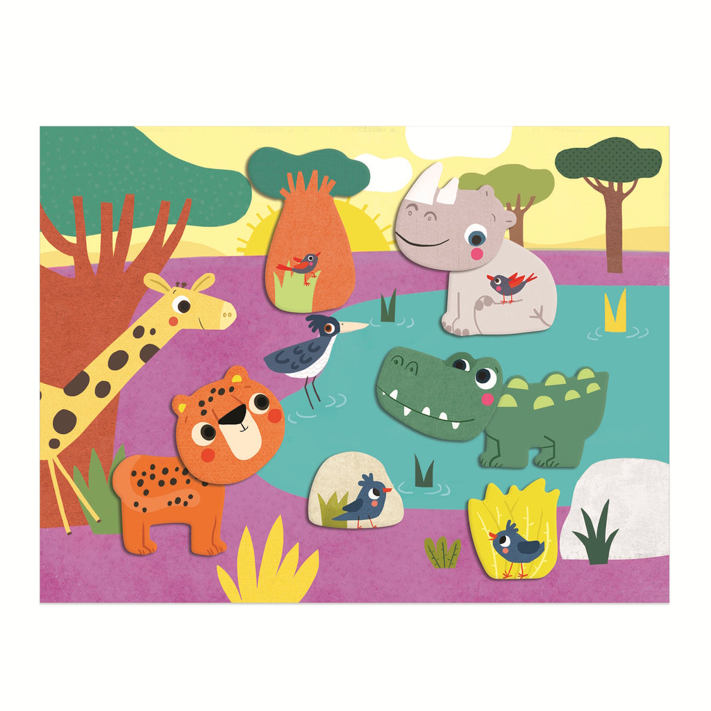 A colorful illustration of animals, including a giraffe, lion, rhino, crocodile, and birds, gathered around a pond in a vibrant landscape.