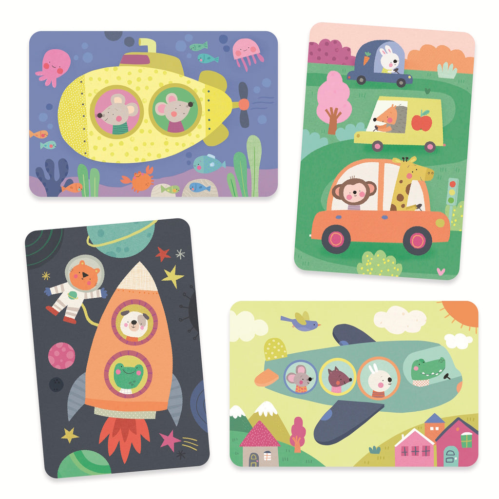 A playful collage of four colorful illustrations featuring animals in a submarine, cars, a rocket, and an airplane exploring different environments.