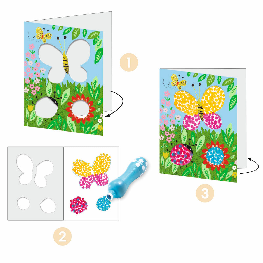 A colorful illustration of a dot-patterned cat surrounded by flowers, butterflies, and art supplies for a children's drawing activity.