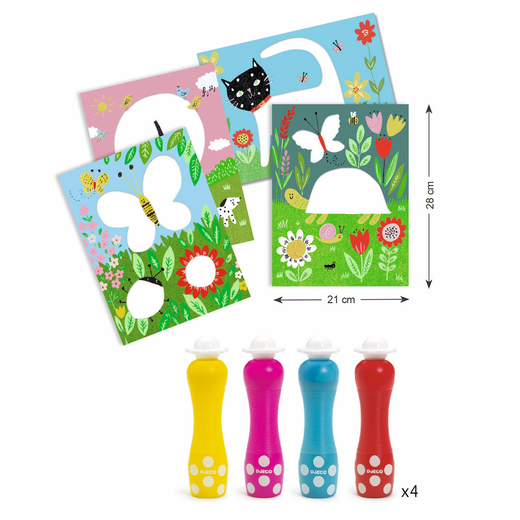A colorful illustration of a dot-patterned cat surrounded by flowers, butterflies, and art supplies for a children's drawing activity.
